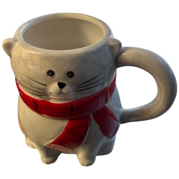 Merry & Bright Cat Mug with Red Scarf β Christmas Kitty Coffee Cup Ceramic - Picture 2 of 9